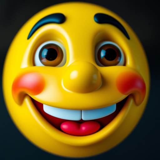 Create a vibrant and cheerful smiley emoji with exaggerated features, bright yellow color, large eyes, and a wide grin, captured with a DSLR camera at f/2.8 aperture, ISO 100, 50mm lens, shot in macro view for enhanced detail and clarity.