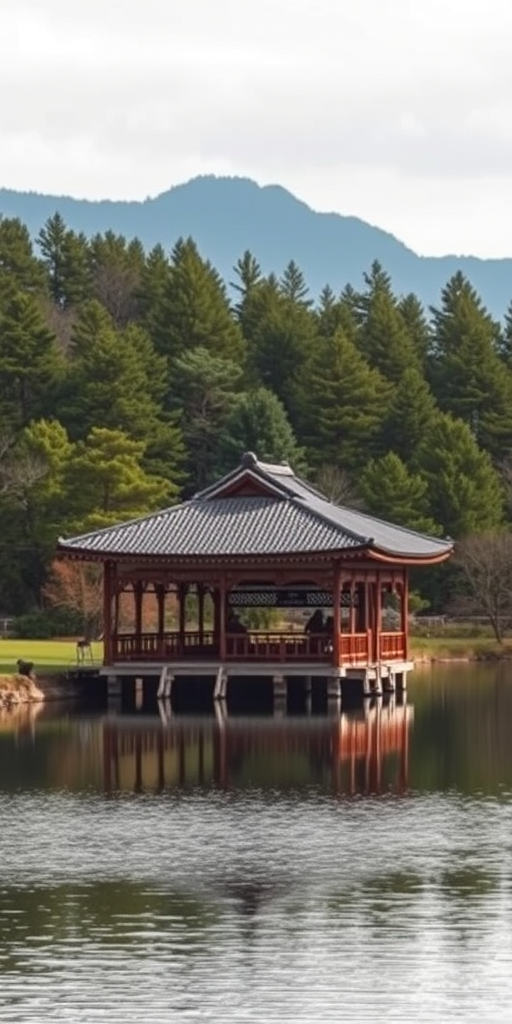 Capture a serene landscape featuring a traditional pavilion by a tranquil lake surrounded by lush green pine trees and a distant mountain backdrop, shot with a Canon EOS R5 at f/8, ISO 100, 1/250s, in a landscape orientation using natural light to enhance colors and details.