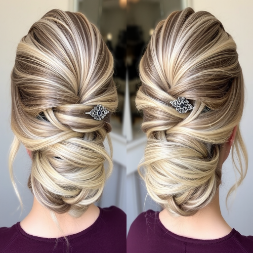 Sophisticated ash blonde French twist dubbed "Smoky Coil" featuring a seamless blend of cool-toned highlights and lowlights, secured with ornate silver hair pins
