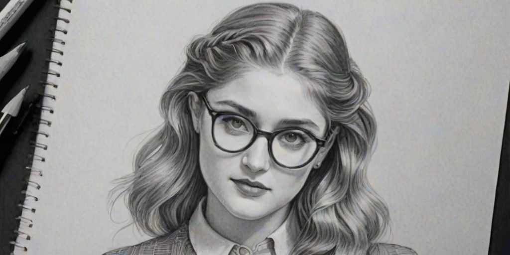 Dazzling Willow Shields, pencil sketch, portrait of Ravishing woman 1935s in glasses, hair style beatnik, outline, clear lines, fine lines, 8k