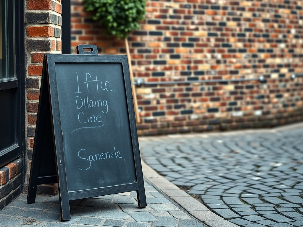 Create a high-resolution image of a black chalkboard sign on a cobblestone street with a textured brick wall in the background, using a DSLR camera, 50mm lens, f/1.8 aperture, ISO 100, 1/200s shutter speed, in natural lighting to enhance clarity and detail.