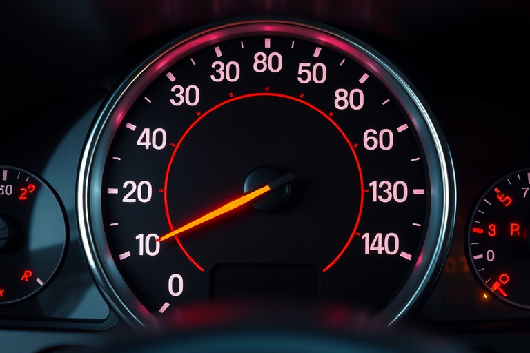 Create a high-resolution image of a speedometer with a range from 0 to 200, showing the needle at 160, using a DSLR camera with a focal length of 50mm, aperture set at f/8, ISO 100, and a slight tilt for a dynamic perspective.