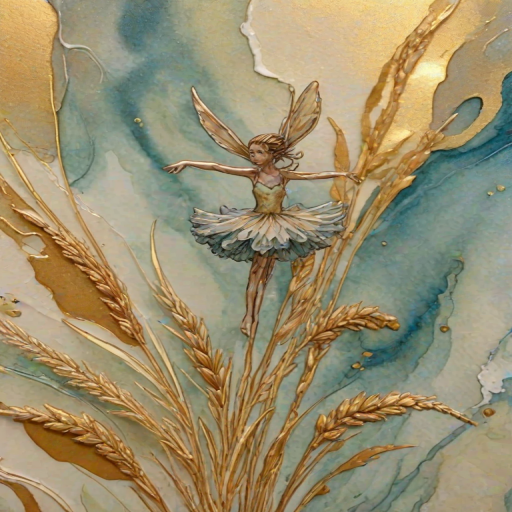 Soft, muted Alcohol Ink with ebru effect background image of tiny whimsical gazalle, who climbed high on the top of a golden rye ear.