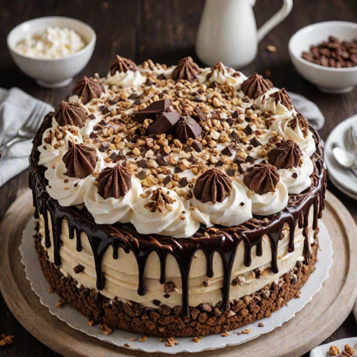 Create a delicious and visually appealing cake topped with swirls of whipped cream and chocolate cookies. The cake should be covered in a layer of crushed nuts and have a glossy chocolate drizzle running down the sides. Add decorative elements like additional cookies on top for a festive touch.