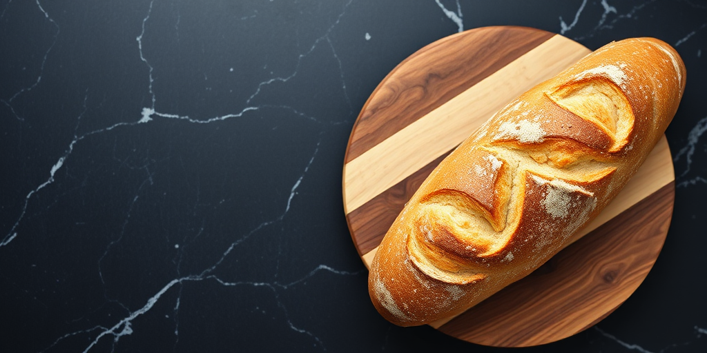 A freshly baked baguette placed on a round wooden cutting board against a dark marble background, shot with a DSLR camera at f/5.6, ISO 100, 1/125 sec, top-down view, natural lighting, high resolution.