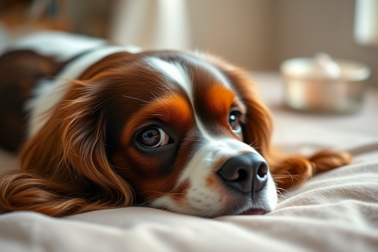 A close-up portrait of a Cavalier King Charles Spaniel lying on a cozy bed, with soft natural lighting and a shallow depth of field, using a DSLR camera at f/2.8, ISO 100, and a 50mm lens for crisp detail and a creamy background, capturing the dog's expressive eyes and silky fur.