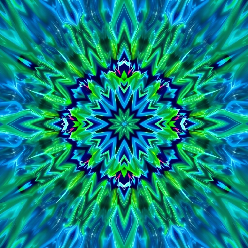 Create a high-resolution fractal art image of a cosmic design with intricate patterns of blue and green, using a DSLR camera with a 50mm lens, aperture f/1.8, 1/60s shutter speed, ISO 100, shot from a symmetrical overhead view in vibrant colors and deep contrast.