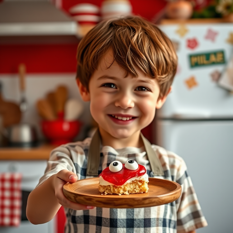Capture a joyful young boy with short brown hair, wearing a checked apron, presenting a whimsical dessert with cartoonish eyes on a wooden plate, in a cozy kitchen setting with a playful red theme, using a Canon EOS R5 with a 50mm lens, aperture f/1.8, ISO 200, natural lighting for enhanced detail and colors.