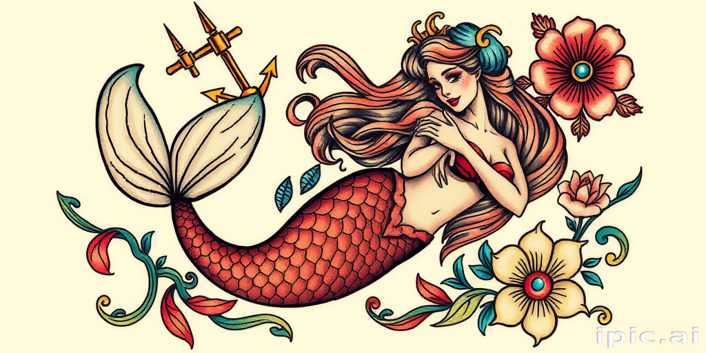 Neo-traditional mermaid tattoo with vivid colors and bold outlines, adorned with nautical elements and art deco-inspired ornamental details for a stunning vintage-inspired design