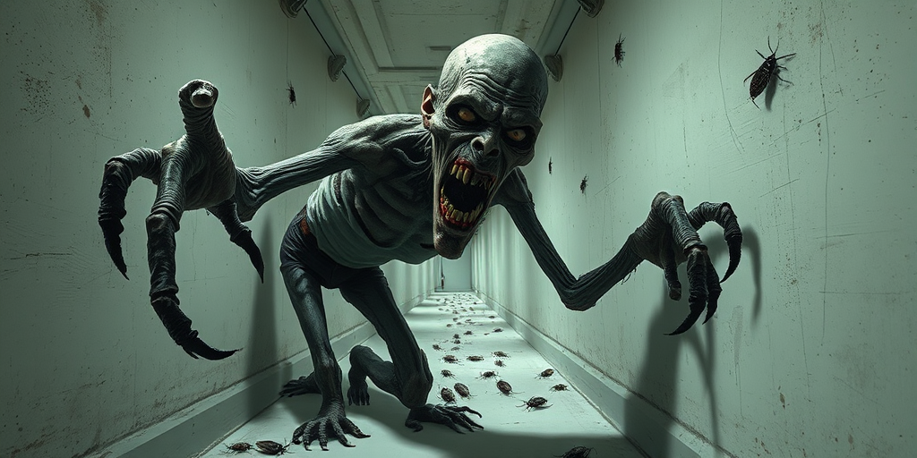 a crooked male with long arms and a creepy smile is crawling along a long white corridor and you can also see cockroaches in it there is a creepy atmosphere creepy art style