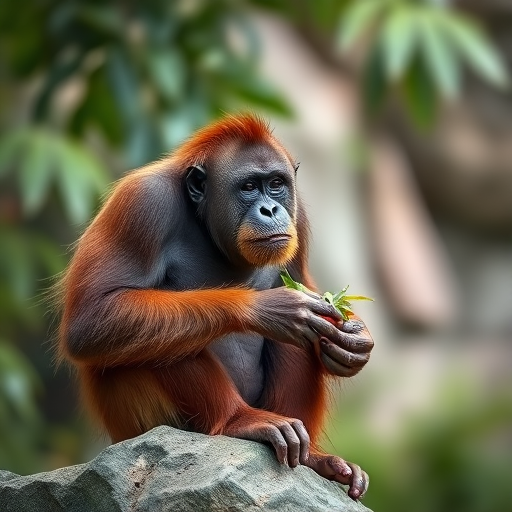 Orangutan sitting on a rock eating leaves, shallow depth of field, natural light, Canon EOS R5, 85mm f/1.2, ISO 200, f/2.8, 1/200s, soft bokeh background, wildlife photography style