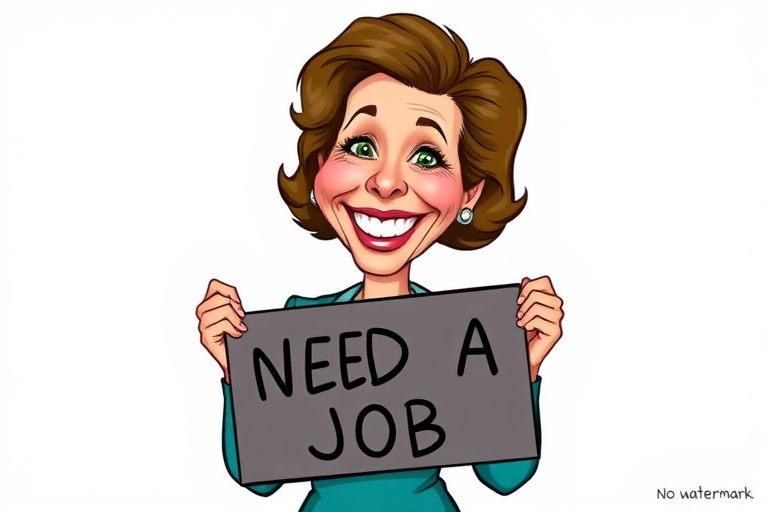 caricature of a smiling Annette Bening in a Teal dress or suit, holding up a sign that says "NEED A JOB", no watermark,