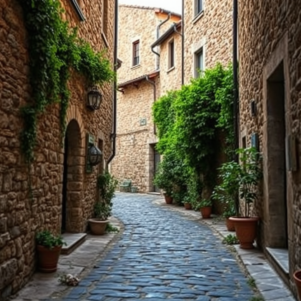 narrow cobblestone alleyway in a rustic village with stone buildings overgrown with greenery, soft natural lighting, DSLR camera, f/5.6 aperture, 24mm lens, ISO 200, 1/125 sec shutter speed, vibrant colors, high dynamic range, wide-angle view, daytime setting