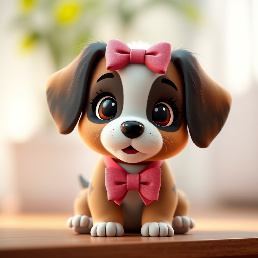 Create a highly detailed 3D rendering of a cute cartoon puppy with a bow, using a Canon EOS R5 camera, 50mm lens, aperture f/1.8, ISO 100, captured in soft natural light with a shallow depth of field to enhance focus on the puppy, with a soft-focus background.
