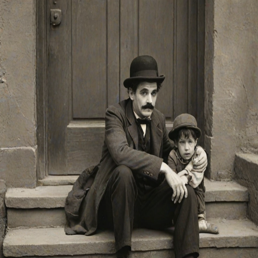 A black-and-white photograph of a man and a child sitting on steps in front of a doorway. The man is dressed as a tramp with a bowler hat, mustache, and ragged clothes, reminiscent of Charlie Chaplin's iconic look. He is sitting with his arms crossed and an expression of slight sadness or frustration. Next to him is a young boy, also in worn clothes and a cap, sitting with his hands clasped, looking thoughtful. The background is an old, textured wall and a partially open door, creating a vintage, early 20th-century atmosphere.