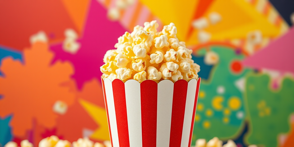 Capture a high-resolution image of a striped popcorn container filled with buttery popcorn set against a vibrant abstract background with colorful geometric shapes, using a DSLR camera with a 50mm lens, aperture f/1.8, ISO 200, and a soft focus to enhance the dreamy quality of the scene.