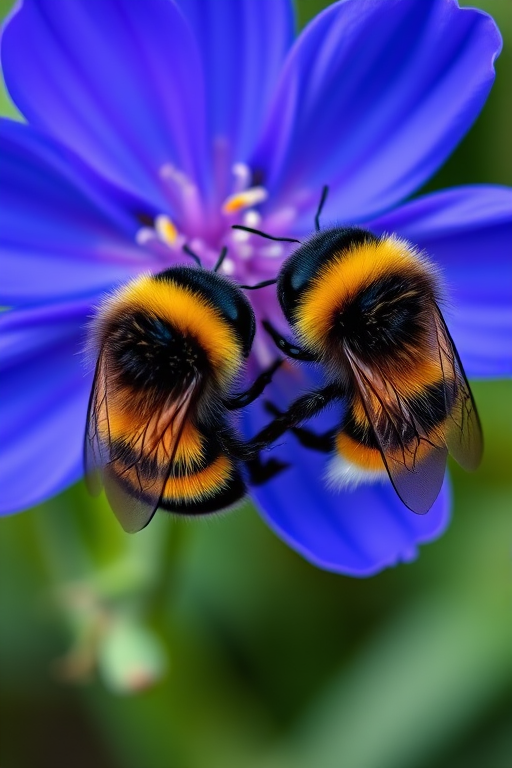 capture a high-resolution image of two bumblebees pollinating a vibrant blue flower, with a shallow depth of field, using a macro lens at f/2.8, ISO 200, 1/400s, natural light, slight overcast conditions for soft shadows, focusing on the texture of the flower and bees.