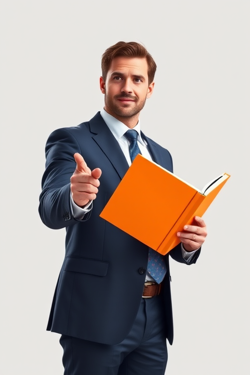 Create a high-resolution vector illustration of a businessman in a suit holding an orange book and pointing, with a clean background, shot at f/4, ISO 100, 50mm lens, with a slight depth of field, using a digital camera for crisp detail.