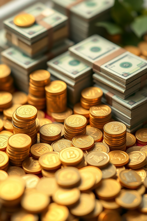 create a high-resolution isometric image of piles of gold coins and stacks of green money with a 50mm lens, f/8 aperture, ISO 100, natural lighting, focus on the foreground, and a slight bokeh effect in the background