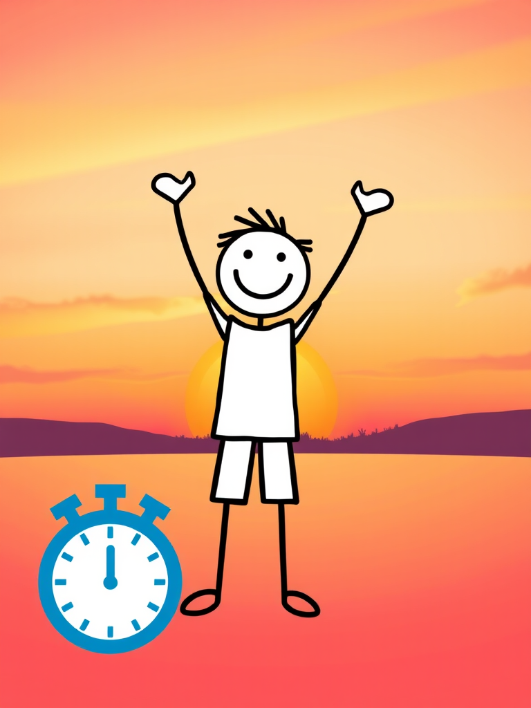 Create a high-resolution vector-style image of a joyful stick figure with raised arms on a sunrise background, accompanied by a clock icon, using a wide-angle lens at f/8, ISO 100, capturing a vibrant color palette with soft lighting to enhance clarity and detail.