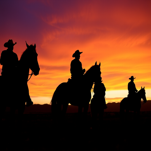 Create a silhouette image of cowboys riding horses at sunset with a vibrant orange and purple sky, using a DSLR camera with a 24mm lens, aperture f/8, ISO 100, 1/200 sec shutter speed, in a panoramic view.