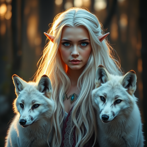 Create a highly detailed fantasy portrait of an elf with long white hair and silver-blue eyes, accompanied by two Arctic foxes, in a mystical forest setting during golden hour, using a Canon EOS R5 camera with a 50mm f/1.2 lens, aperture set to f/1.8, ISO 200, and a shallow depth of field to enhance image quality and focus.