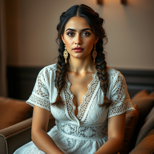 Create a portrait of a refined and elegant Kurdish woman seated in a sophisticated setting. She has long, wavy hair styled in two thick braids that are pulled over her shoulders. She wears a white, lace gown with intricate patterns, featuring a deep V-neckline and short sleeves. The dress exudes a vintage charm with its delicate lacework. She is adorned with ornate, dangling earrings that add a touch of glamour to her appearance. The background is softly lit, with warm, ambient lighting that creates a cozy and inviting atmosphere. Her expression is poised and serene, capturing a sense of grace and elegance.