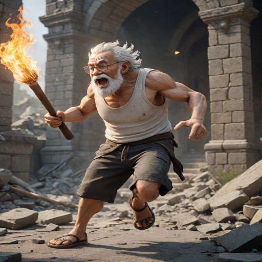 Cartoon 3D High-Resolution,dynamic battle scene using Unreal Engine 5 and Octane Render. The scene features back of an elderly, thai man with a beard,messy hair and round golden-rimmed glasses. He is wearing a tattered tank top with soot marks, shorts, and sandals. sweating. he wields a baseball bat. He jump to fight with a white fire-breathing Europe dragon amidst a partially destroyed stone castle. Include intense flames, smoke, and debris to enhance the dramatic effect.