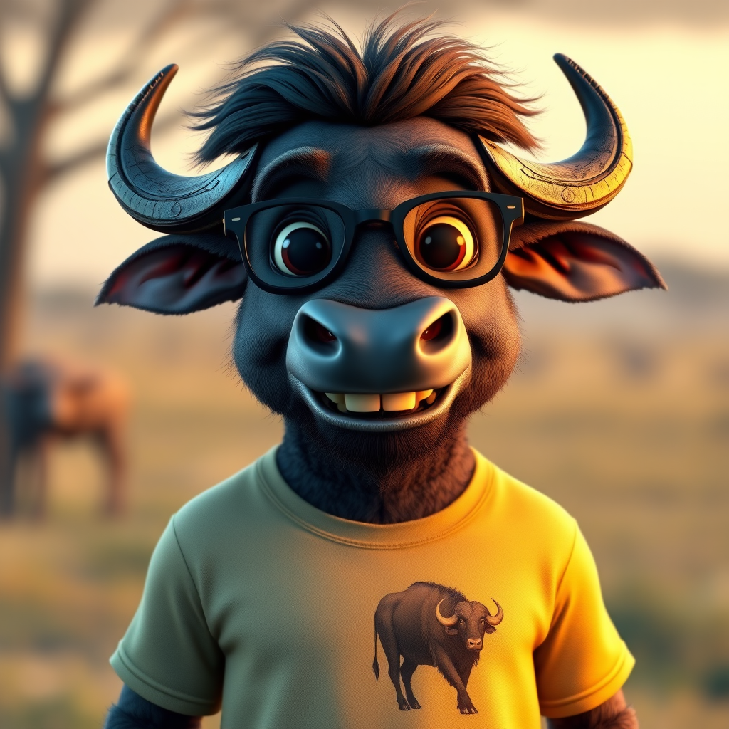 Hyperrealistic 3D render of a smiling cartoon Cape Buffalo wearing glasses and a beige t-shirt with a smaller buffalo image printed on it, missing some teeth, set against a blurred African savanna background, detailed fur, 8k resolution, octane render, artstation trending.