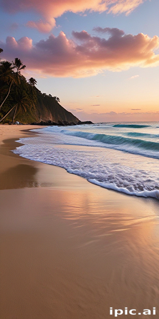 Tranquil Beach at Sunset with Gentle Waves and Colorful Sky