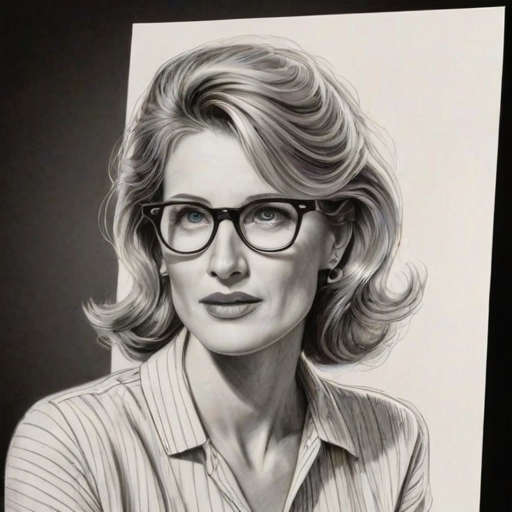 Exquisite Laura Dern, pencil sketch, portrait of Wonderful woman 1953s in glasses, hair style beatnik, outline, clear lines, fine lines, 8k