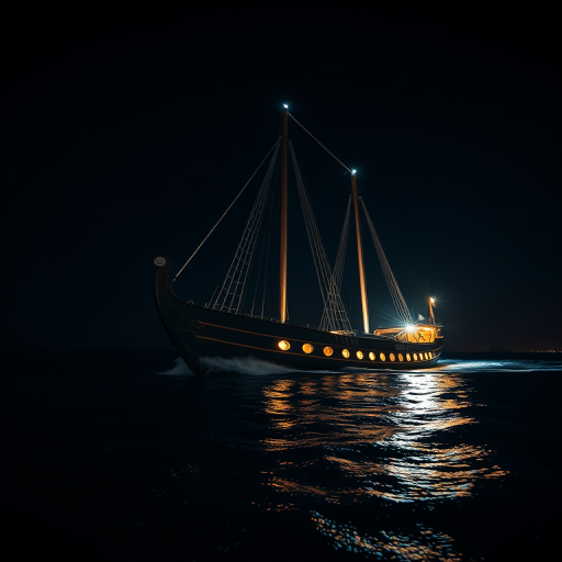 A Viking ship sailing through dark waters at night, illuminated by ambient lighting, captured with a Canon EOS R5, 24mm lens, f/2.8, ISO 800, long exposure for motion blur, low-angle shot for dramatic effect.