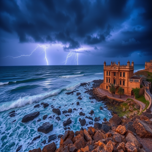 Dramatic coastal scene during a thunderstorm with lightning illuminating the sky, waves crashing against rocky shores and a historic building in the foreground, captured with a Canon EOS R5, 24mm lens, f/8, 1/125s, ISO 200, wide-angle view, HDR style for enhanced details.