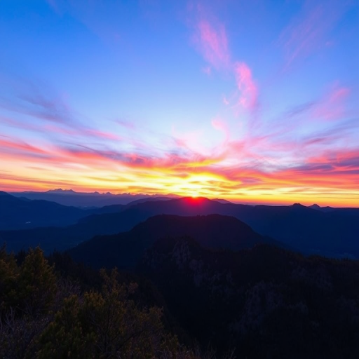 Create a vibrant landscape with a sunset over mountains, using a DSLR camera, aperture f/8 for depth of field, ISO 100 for clarity, and a wide-angle lens at 24mm for expansive view.