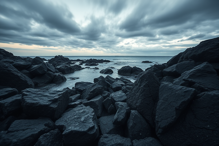 Capture a dramatic seascape featuring rugged black rocks under a cloudy sky with soft lighting, using a DSLR camera at f/8 aperture, ISO 100, 24mm focal length, and a shutter speed of 1/125 sec, shot from a low angle to enhance texture and depth.
