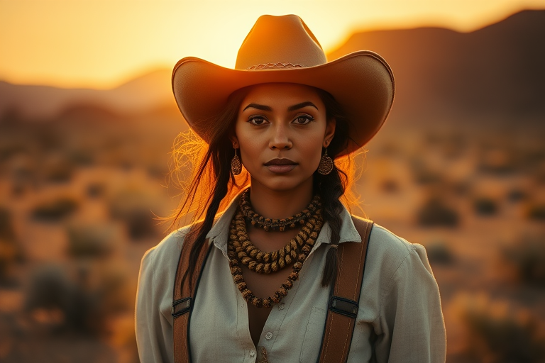Dramatic photo of a beautiful Maori woman, classic cowboy attire, confident and free spirit expression, half-length portrait, centered, golden hour desert landscape, warm, diffused light, low angle, medium format film camera, in style of Annie Leibovitz.