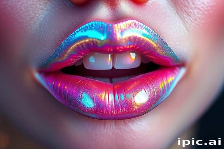 Shimmering holographic lips reflecting prismatic hues, iridescent shine creating mesmerizing depth, full and pouty appearance, futuristic and enchanting Cosmic Opal Sparkle style