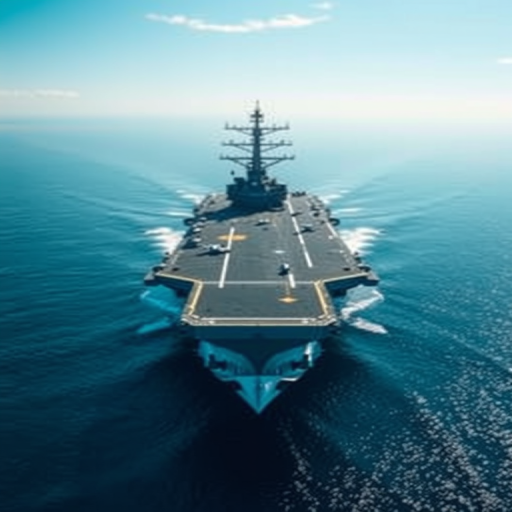 Create a high-resolution vector illustration of an aircraft carrier viewed from a dynamic aerial perspective, using a Canon EOS R5, aperture f/8, shutter speed 1/400s, ISO 100, with a focus on sharp details and a minimalistic background for enhanced clarity.