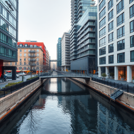 regenerate the image of a canal surrounded by modern buildings in an urban setting with a bridge spanning the water, shot with a DSLR camera at 24mm focal length, aperture f/8, ISO 100, and natural lighting for enhanced clarity and detail