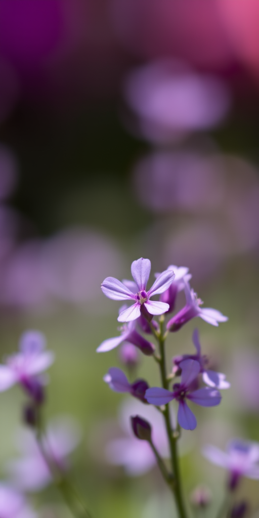 Close-up shot of purple flowers with soft background blur, f/2.8 aperture, 1/500 sec shutter speed, ISO 100, 50mm macro lens, natural lighting, DSLR camera.