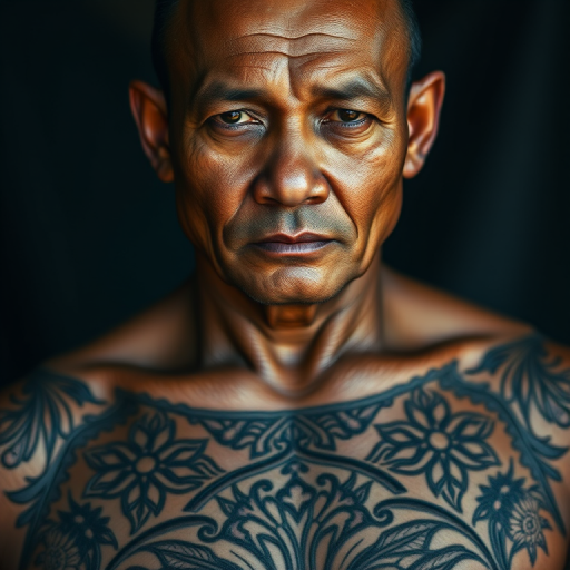 Face, shoulders, chest covered in openwork Pacific Islander embroidery. Raw, unedited image.