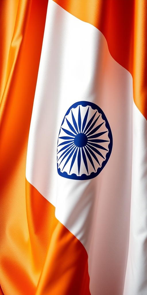 Create a high-resolution image of a silk draped Indian national flag, with soft lighting, close-up view, using a DSLR camera at f/2.8 aperture, ISO 100, 50mm lens, and captured in natural light for rich color depth and texture detail.