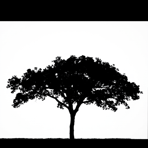 Generate a high-contrast black silhouette of a tree on a white background with a 50mm lens, f/2.8 aperture, 1/500 shutter speed, taken with a DSLR camera in landscape orientation for enhanced detail and sharpness.