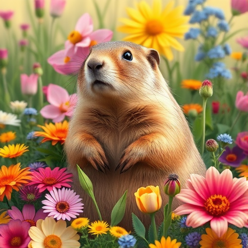 Create a vibrant illustration of a groundhog standing amidst a colorful floral arrangement, using a Canon EOS R5 with an 85mm f/1.2 lens, at f/2.8, ISO 100, in natural soft light, with a focus on vivid colors and intricate details.