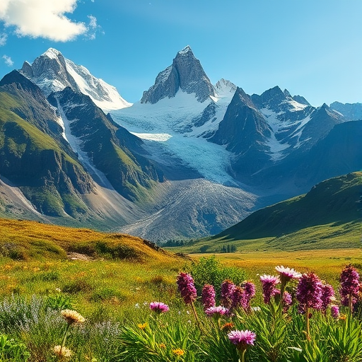 Landscape photograph of a mountain range with glaciers and wildflowers in the foreground, taken with a Canon EOS 5D Mark IV, 24mm lens, ISO 100, f/8, 1/250s, wide-angle view, high dynamic range, natural light.