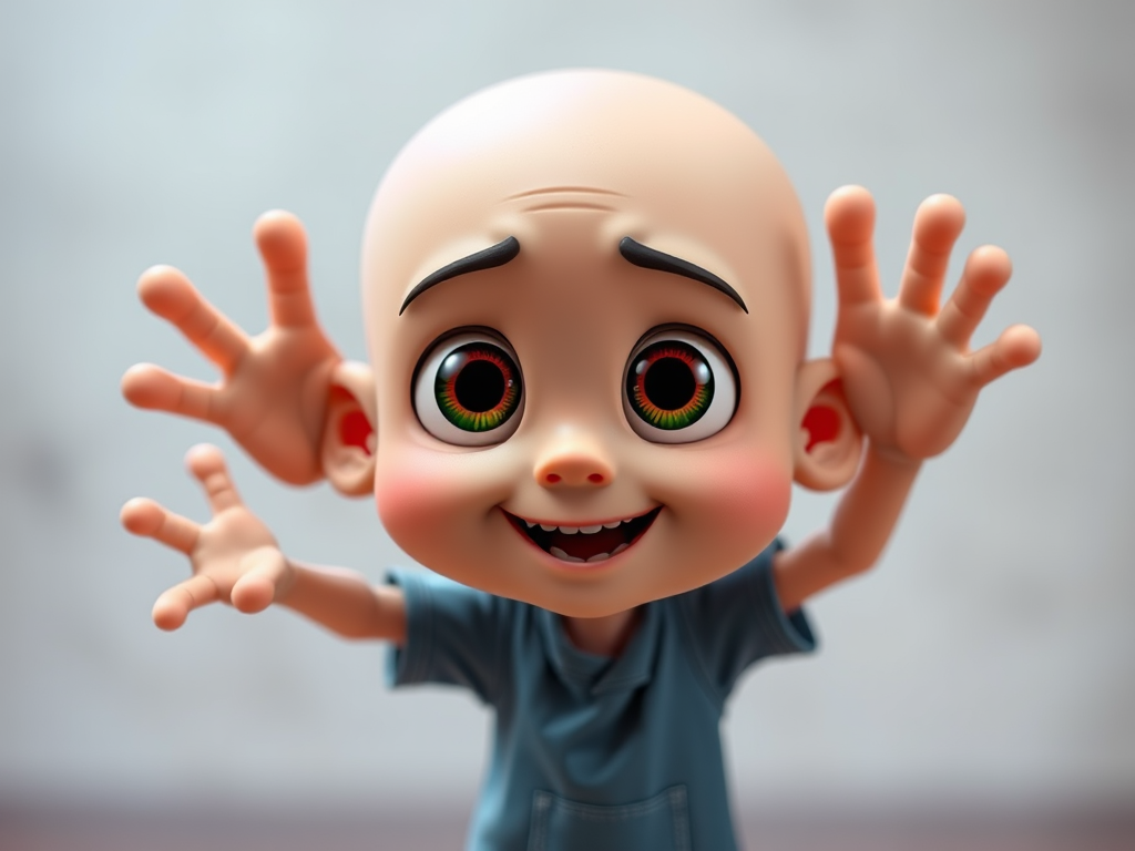 Create a cartoon character with a bald head and large eyes, arms reaching out, in a playful pose, using a 50mm lens at f/2.8, with a shallow depth of field and vibrant colors, captured in high resolution with a digital camera.