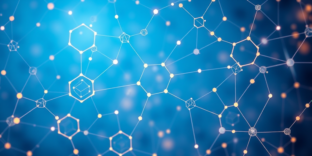 Create a high-resolution abstract image of interconnected hexagons and nodes in a gradient blue background, using a Canon EOS 5D Mark IV with a 24-70mm f/2.8 lens, aperture set to f/8, shutter speed 1/125 sec, ISO 100, top-down view, and soft lighting for enhanced clarity and depth.