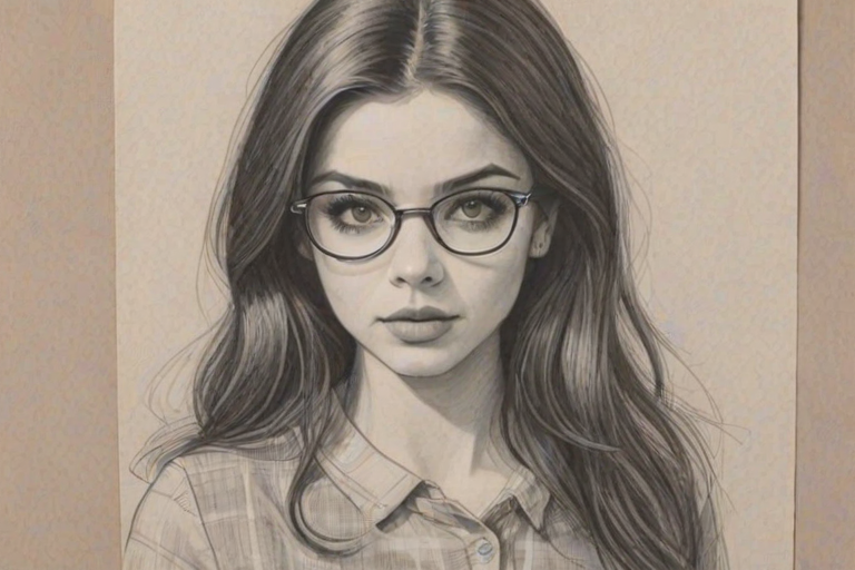 Radiant India Eisley, pencil sketch, portrait of Bewitching woman 1964s in glasses, hair style beatnik, outline, clear lines, fine lines, 8k