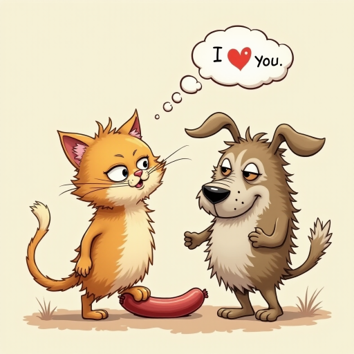 caricature of a silly whimsical fluffy cat with a mean look she has one foot on a sausage and is looking at an old scraggly big dog the cat has a thought bubble above her head that says “I LOVE YOU"