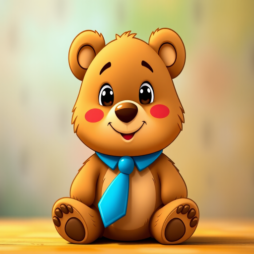 generate a cute cartoon bear wearing a blue tie, sitting upright with a cheerful expression, high-resolution, soft natural lighting, 50mm lens, f/2.8 aperture, DSLR camera, front view, colorful background